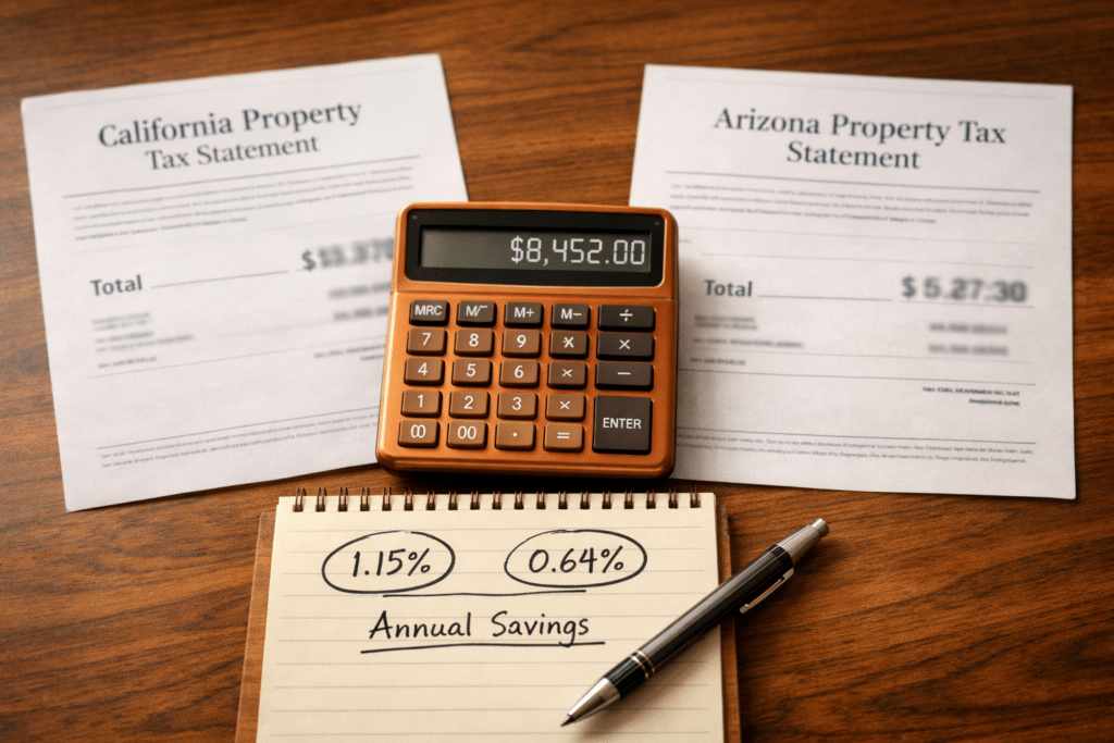 California and Arizona property tax statements side by side calculator notepad comparison effective rate difference Inland Empire Maricopa County financial