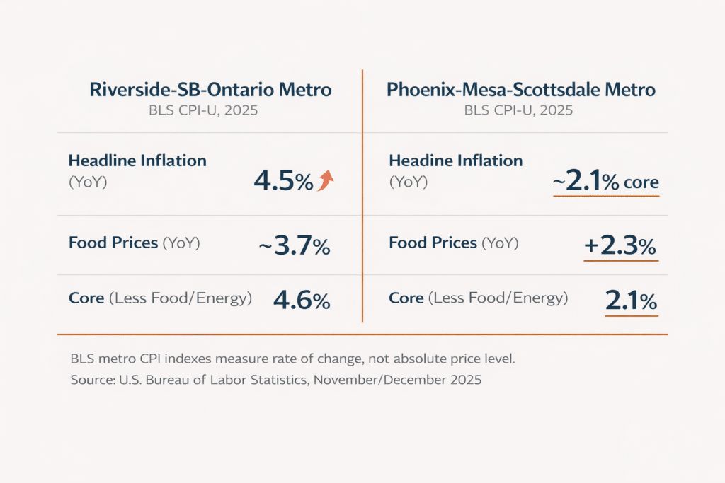 Bureau of Labor Statistics CPI comparison Riverside San Bernardino versus Phoenix Mesa inflation rate consumer prices year over year 2025 infographic