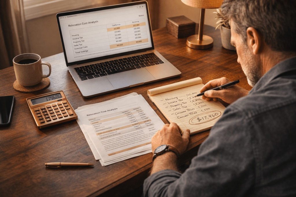 Homeowner reviewing five category cost of living analysis spreadsheet legal pad financial comparison California Arizona relocation savings calculation desk