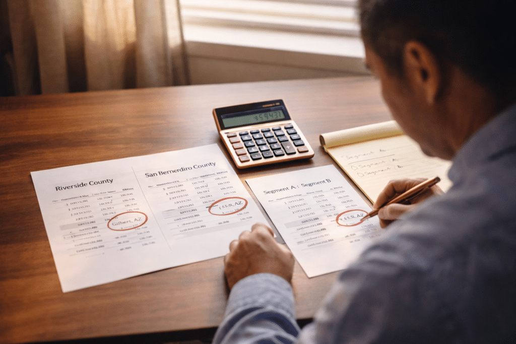 Homeowner reviewing two-scenario Inland Empire to Gilbert Arizona cost comparison financial documents desk calculator legal pad planning relocation equity