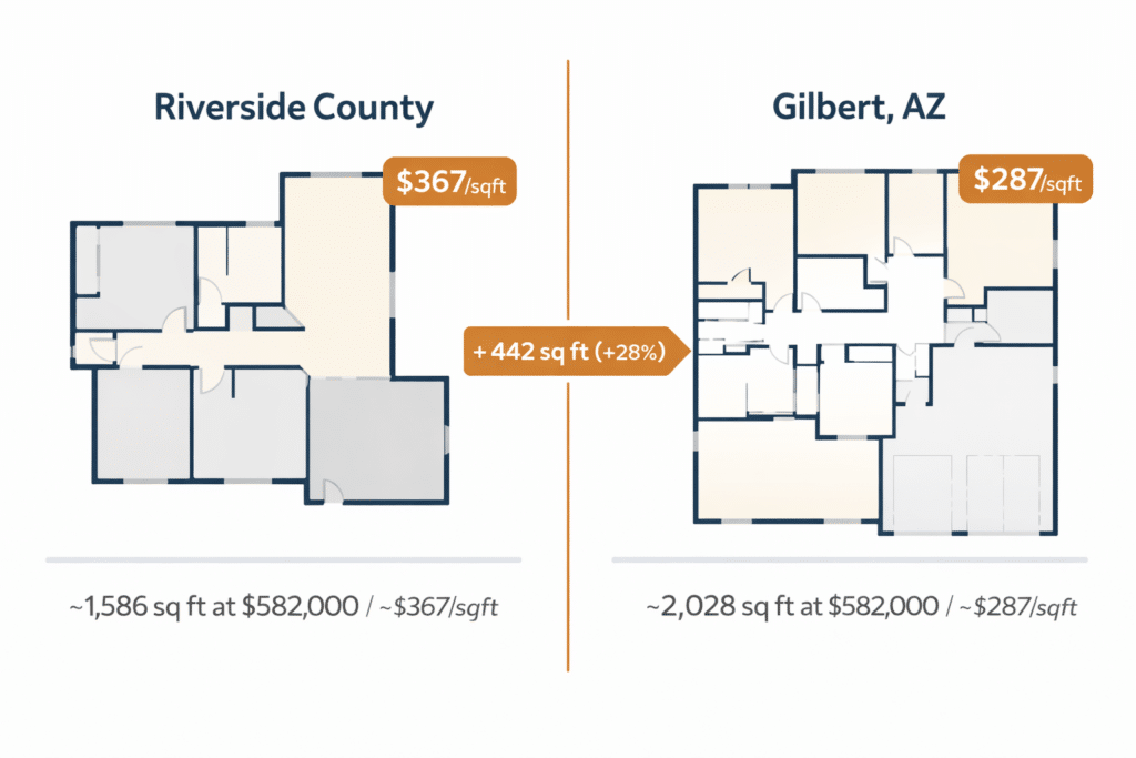 Inland Empire Riverside County versus Gilbert Arizona floor plan size comparison same dollar budget more square footage price per square foot diptych illustration