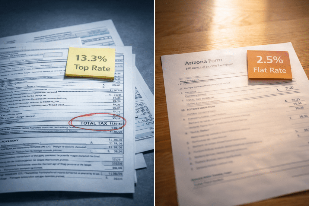 California Form 540 income tax versus Arizona Form 140 flat rate diptych state income tax comparison financial analysis relocation document