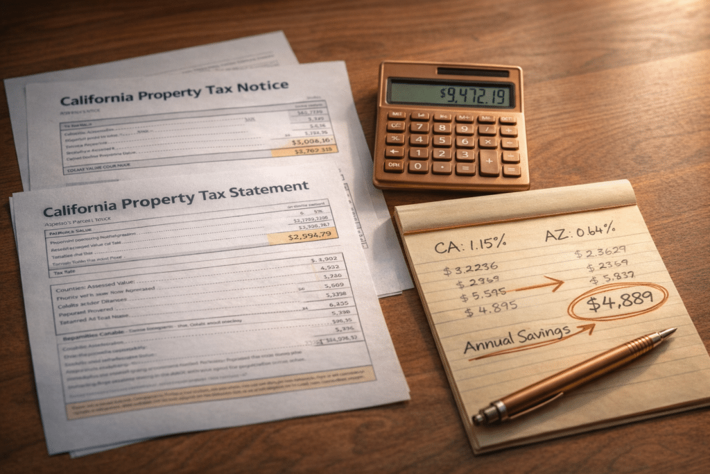 California versus Arizona property tax statements side by side calculator Maricopa County Gilbert effective rate comparison annual savings financial