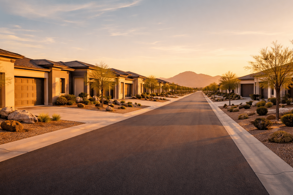 New Gilbert Arizona residential street stucco homes three-car garages desert landscaping palo verde mountain view master planned community relocation
