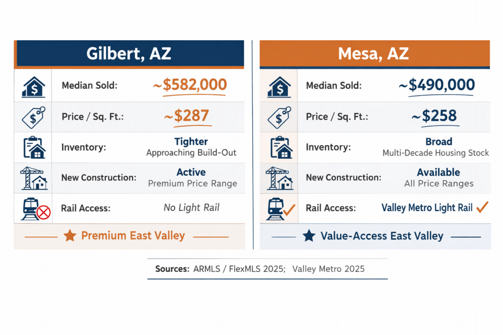 Mesa Arizona versus Gilbert Arizona destination comparison median home price price per square foot inventory light rail access east Valley relocation infographic data table