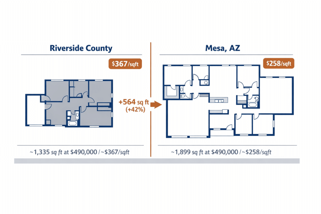 Riverside County California versus Mesa Arizona floor plan size comparison same dollar budget 42 percent more square footage price per square foot diptych illustration