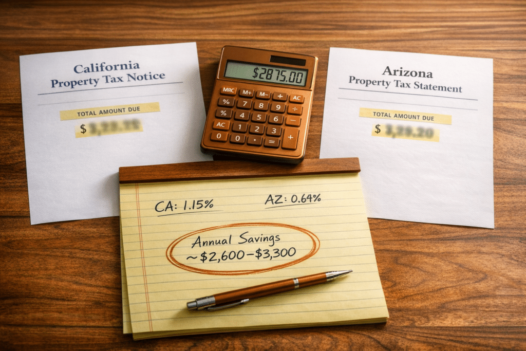 California versus Arizona property tax statements side by side calculator legal pad Maricopa County Mesa effective rate comparison annual savings planning