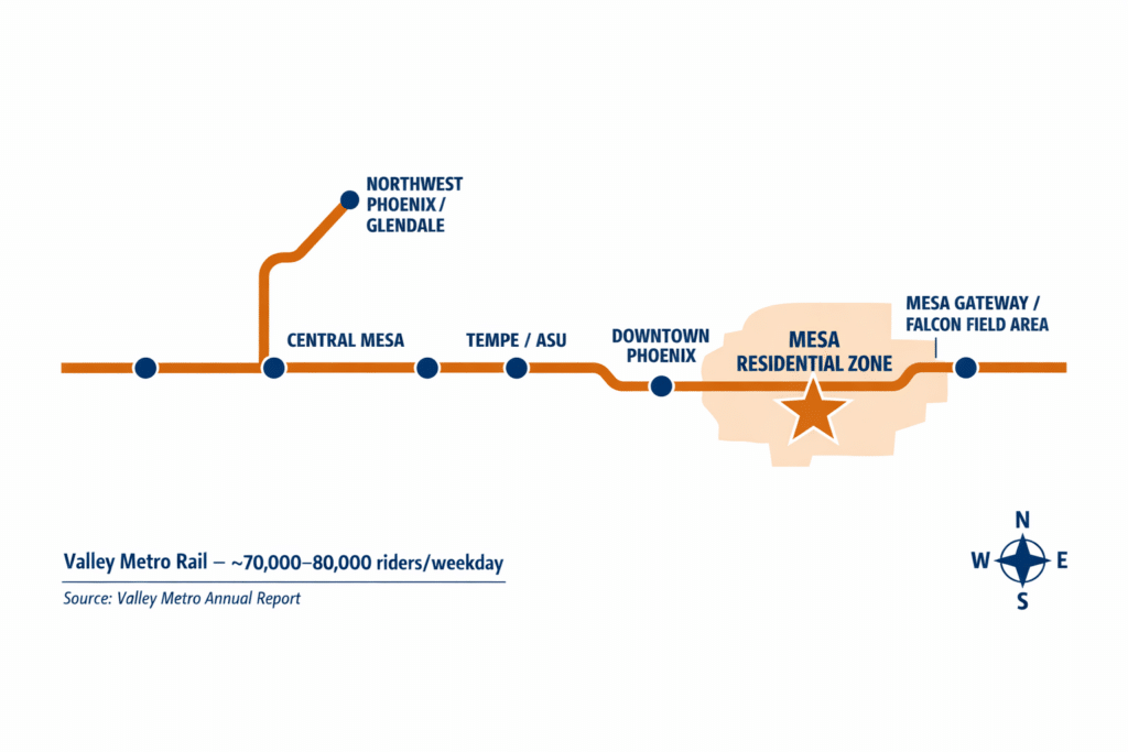 Valley Metro light rail map Mesa Arizona Tempe downtown Phoenix transit corridor commute route east Valley relocation planning infographic illustration