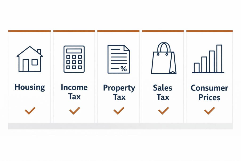 Five cost of living comparison categories housing income tax property tax sales tax consumer prices icon illustration Inland Empire Phoenix Valley financial guide