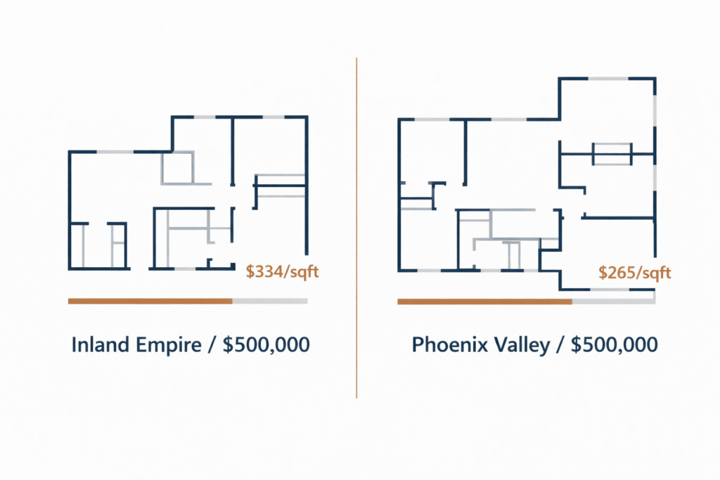 Inland Empire California versus Phoenix Valley Arizona floor plan comparison five hundred thousand dollar budget square footage difference price per square foot