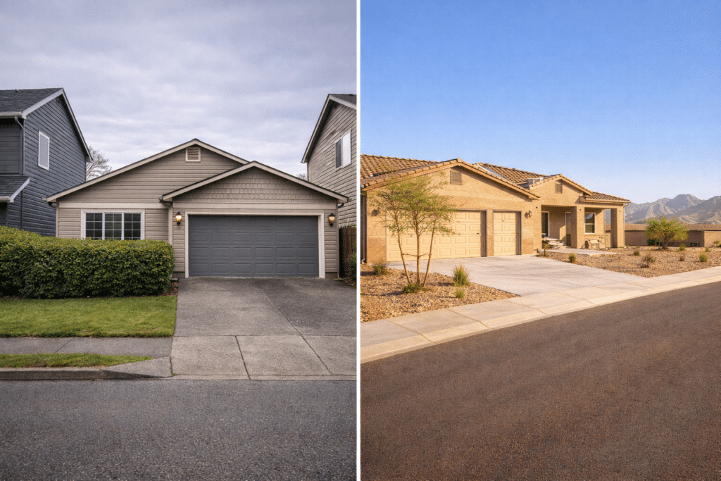 King County Seattle home small lot versus Surprise Arizona new construction home large lot square footage equity relocation upgrade West Valley