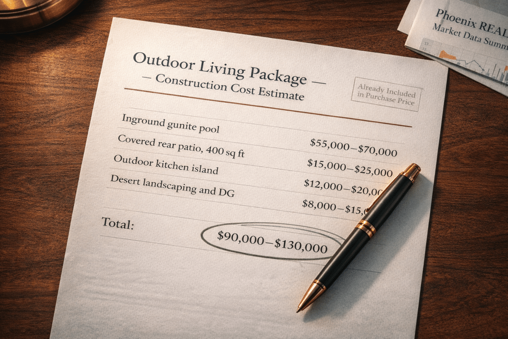 Outdoor living package construction cost estimate inground pool covered patio outdoor kitchen landscaping $90000 to $130000 replacement cost Phoenix Valley home purchase embedded asset