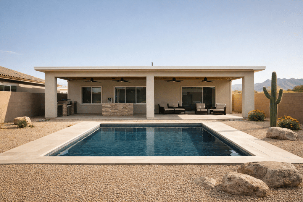 Gilbert Chandler Arizona backyard inground pool covered patio outdoor kitchen island desert landscaping real estate asset embedded in purchase price Phoenix Valley home $595000 equity relocation