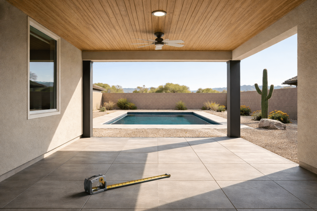 Phoenix Valley covered rear patio structure 400 square feet tongue and groove ceiling ceiling fan concrete pavers architectural documentation outdoor space measurement equity relocation Seattle