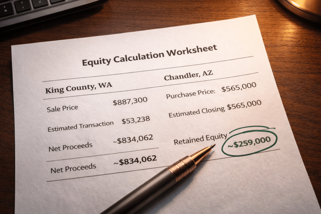 King County to Chandler equity calculation worksheet showing retained equity figure for homeowner relocating from Seattle to Arizona