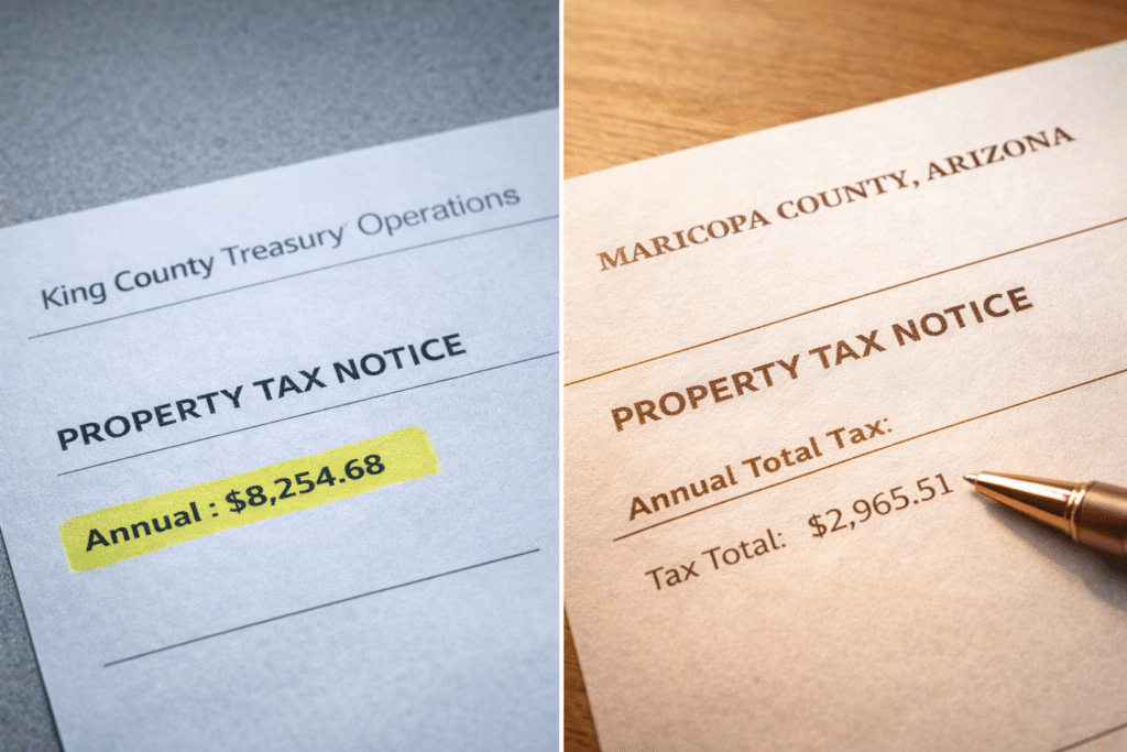 King County Washington property tax bill versus Maricopa County Arizona property tax notice comparison annual savings Seattle to Chandler relocation