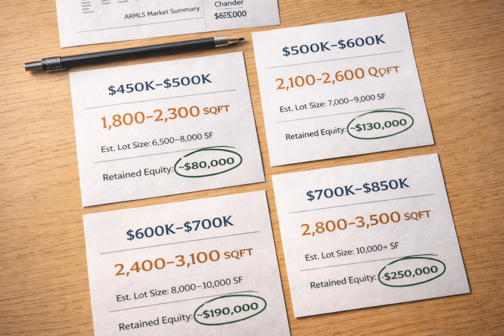 Chandler Arizona price tier property cards showing square footage lot size equity retained for King County homeowners relocating from Seattle to Phoenix Valley