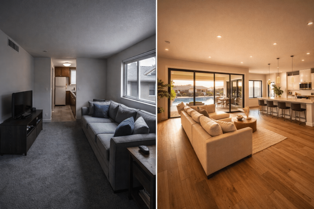 Seattle area home interior compact floor plan versus Chandler Arizona open-concept home square footage comparison equity relocation upgrade