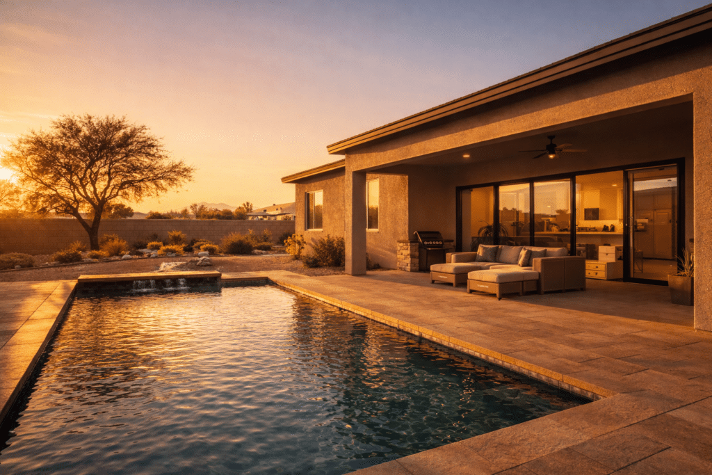 Chandler Arizona backyard pool covered patio ironwood tree large lot golden hour moving boxes new home Seattle equity relocation arrival