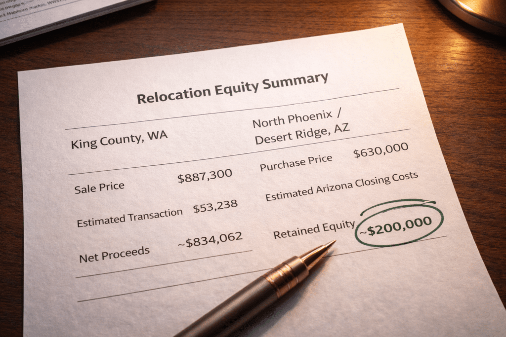 King County to North Phoenix equity calculation worksheet retained equity net proceeds homeowner relocating from Seattle to Arizona Desert Ridge