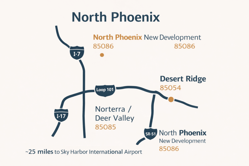 North Phoenix freeway access map Loop 101 I-17 SR-51 Desert Ridge Norterra corridor location Phoenix Valley Seattle equity relocation destination guide