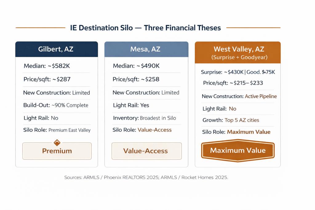 IE destination silo three-panel comparison Gilbert Mesa West Valley Surprise Goodyear median price per square foot new construction light rail silo positioning infographic illustration