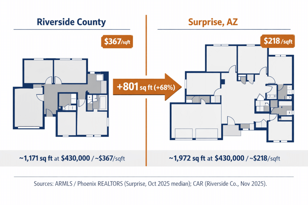 Riverside County California versus Surprise Arizona floor plan size comparison same dollar budget 68 percent more square footage price per square foot diptych illustration flat design