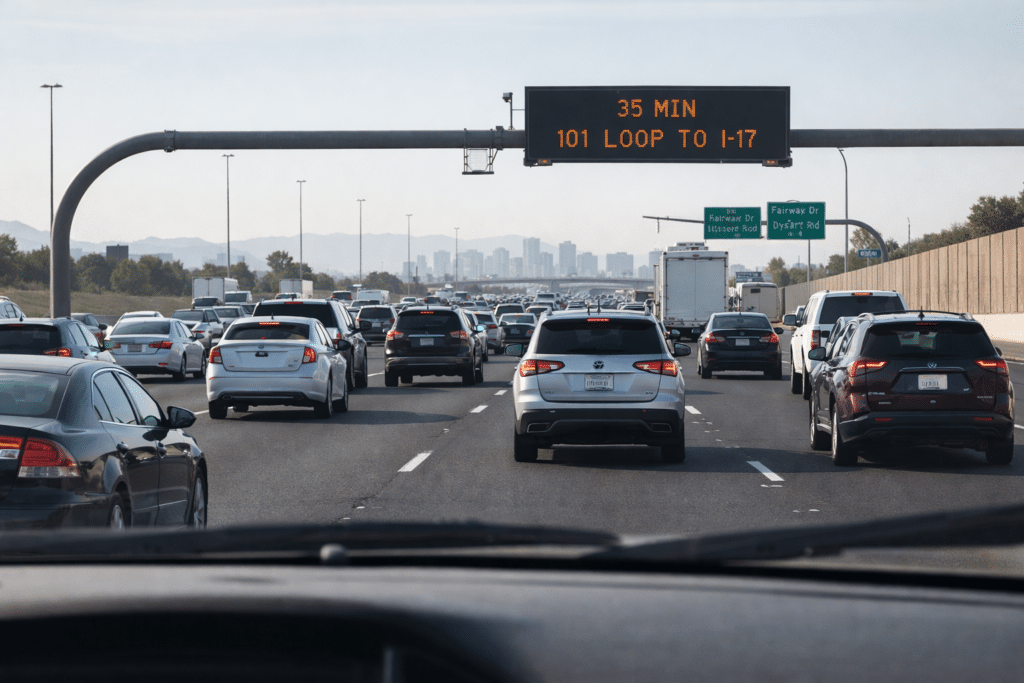I-10 freeway Goodyear Avondale eastbound peak hour traffic Phoenix skyline horizon commute documentary West Valley planning information