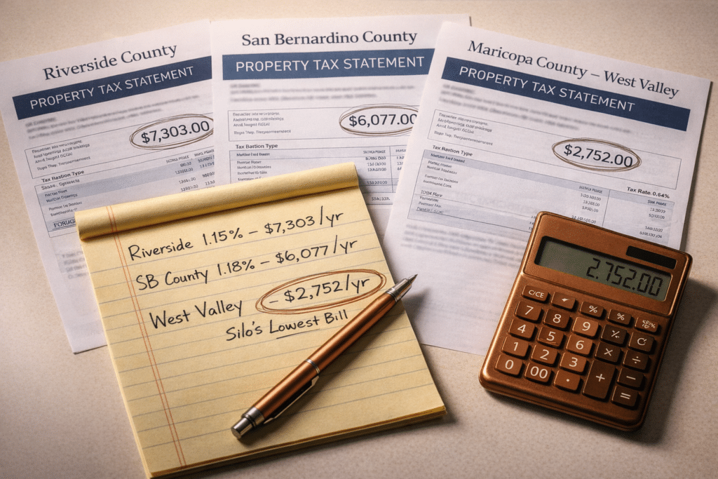 Three property tax statements side by side Riverside San Bernardino Maricopa County West Valley calculator legal pad lowest effective rate annual savings comparison planning