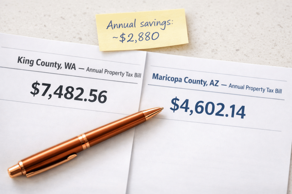 King County Washington versus Maricopa County Arizona annual property tax bill comparison documents desk copper pen 2025