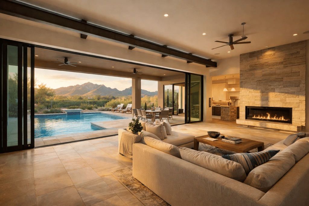 North Scottsdale Arizona luxury home great room open sliding glass panels pool McDowell Mountains view indoor-outdoor living