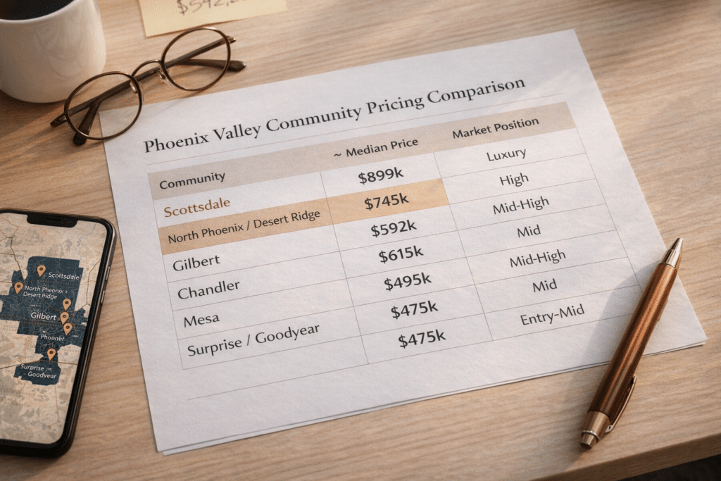 Phoenix Valley destination community pricing comparison table printed document Scottsdale Gilbert Chandler Mesa median home prices 2025