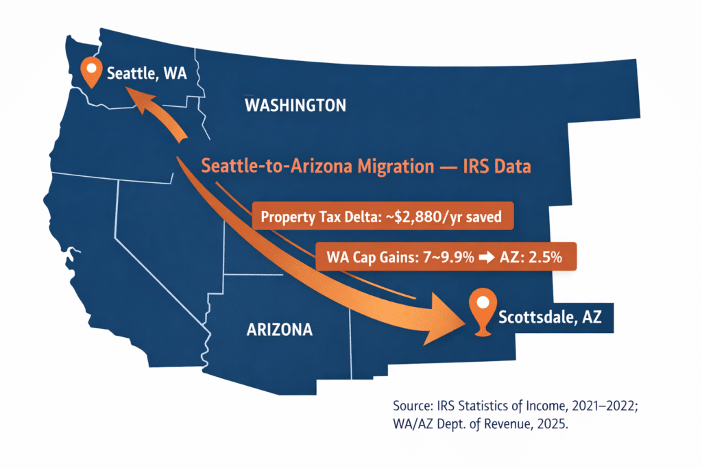 Seattle Washington to Scottsdale Arizona migration flow map annual relocation data IRS property tax capital gains comparison illustration