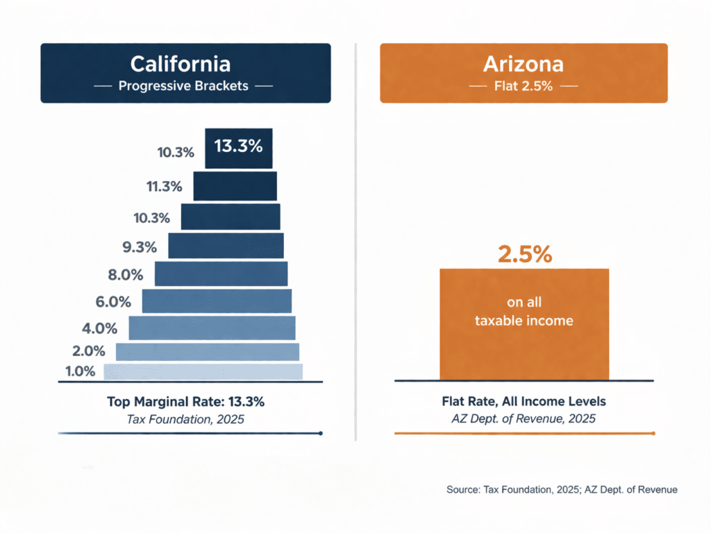 California progressive income tax bracket chart versus Arizona flat 2.5% tax rate comparison illustration data visualization 2025