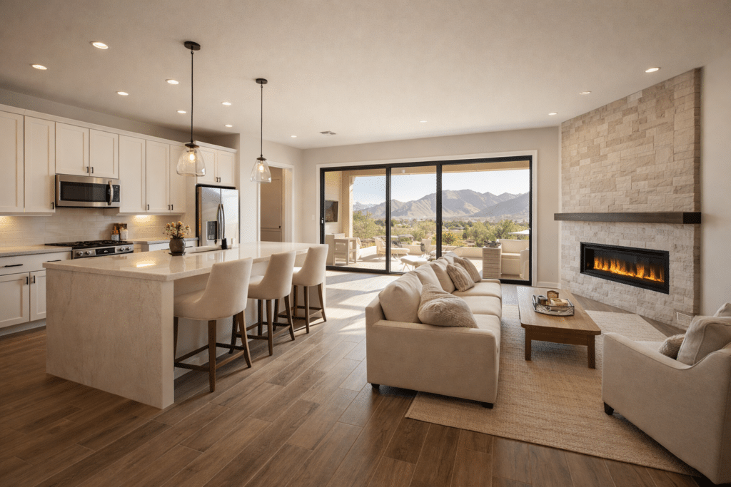 New construction North Phoenix Arizona open floor plan kitchen great room quartz island sliding glass doors desert mountain view