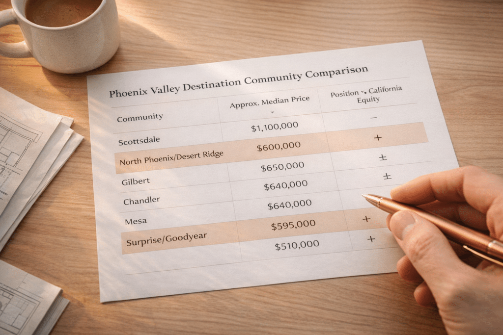Phoenix Valley destination community comparison table printed document median home prices North Phoenix Gilbert Scottsdale equity
