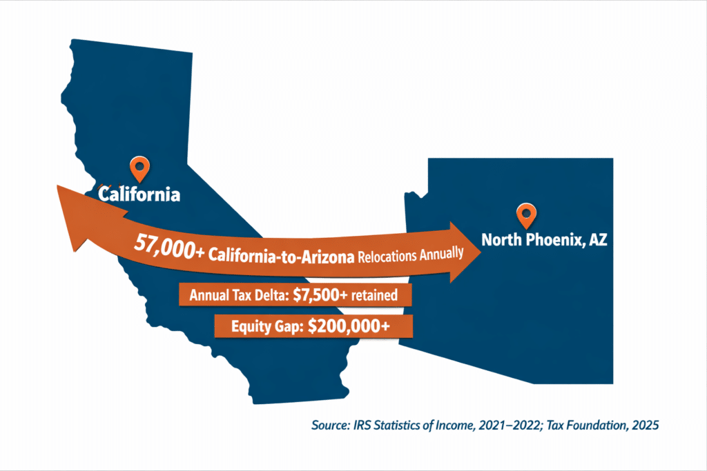 California to North Phoenix Arizona migration flow map annual relocation data IRS tax foundation equity delta illustration