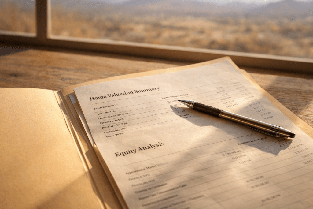 Home valuation documents and equity worksheet on wooden surface with desert landscape in background.