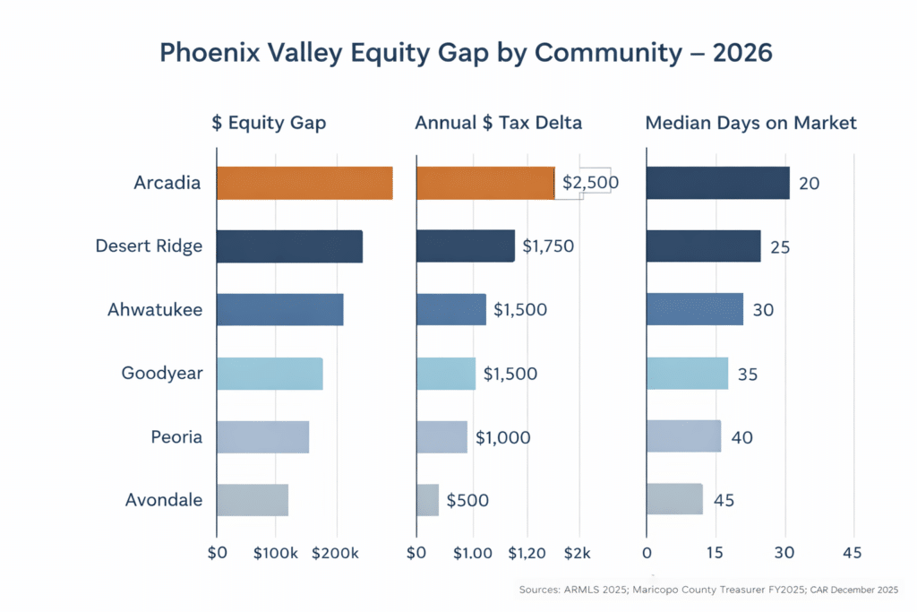 Flat-design bar chart comparing equity gap and tax delta across six Phoenix Valley communities using ARMLS 2025 and CAR December 2025 data.