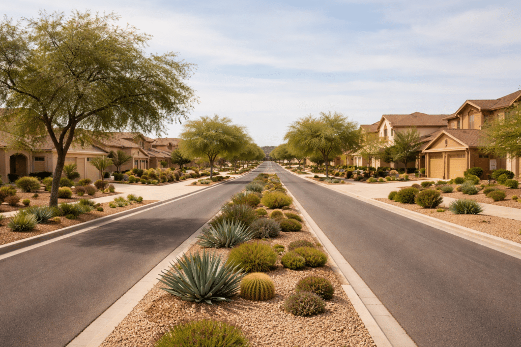 Wide residential street in West Valley Arizona master-planned community with desert-landscaped median and stucco homes on large lots.