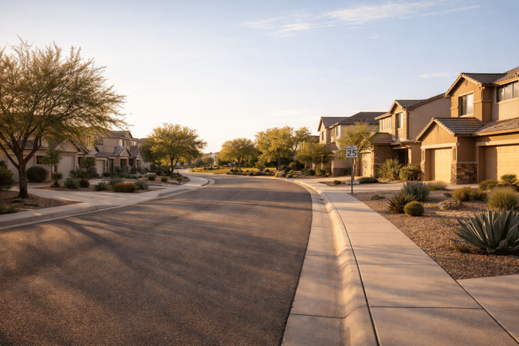 Residential street in East Valley Arizona community showing homes, sidewalks, and neighborhood park in mid-distance.