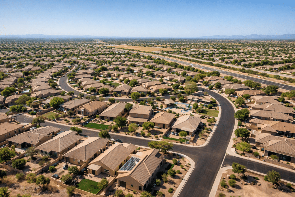 Aerial view of Gilbert or North Phoenix master-planned community showing residential lots, curvilinear streets, and community amenity area.
