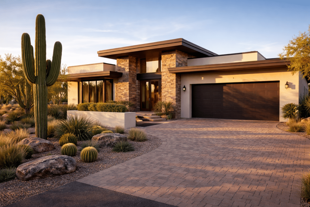 Contemporary desert modern luxury home exterior in Scottsdale Arizona with stone facade and drought-tolerant landscaping at golden hour.