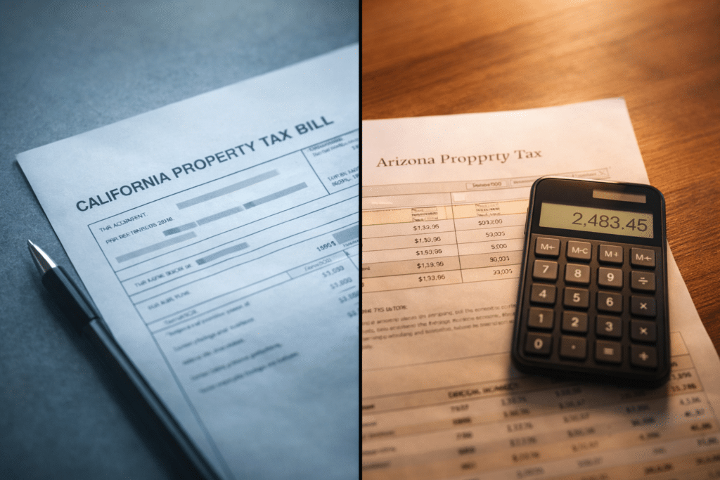 Side-by-side comparison of California and Arizona property tax documents showing differential in annual tax obligation.