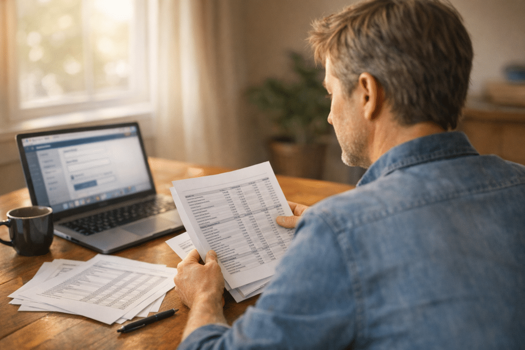 Homeowner reviewing equity documents at wooden table with laptop and morning window light.