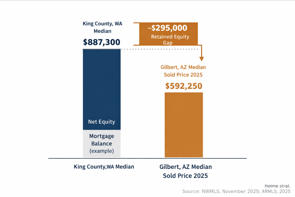 King County Washington median home price versus Gilbert Arizona median sold price equity gap retained capital illustration 295000 data visualization 2025