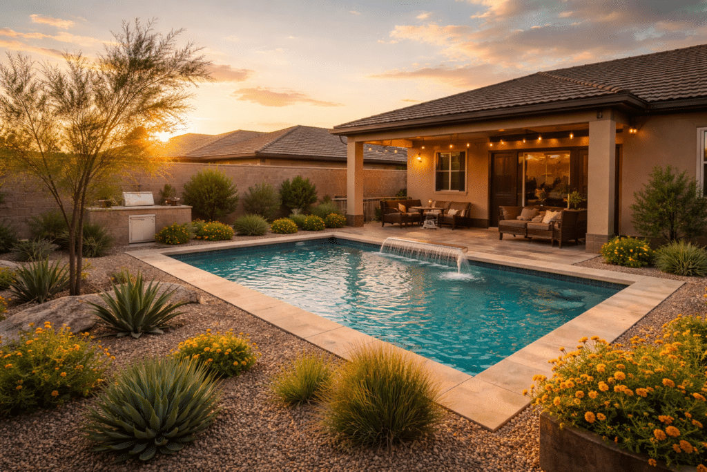 Gilbert Arizona master-planned community backyard pool covered patio outdoor kitchen desert landscaping San Tan Mountains golden hour new construction