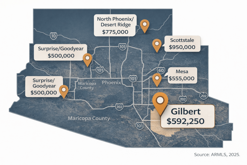 Phoenix Valley destination community map Gilbert highlighted median home price 2025 Scottsdale Chandler Mesa North Phoenix Surprise Goodyear comparison data visualization