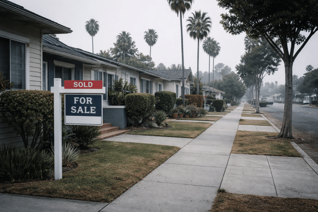 California residential street with small-lot homes and sold sign in overcast morning light.