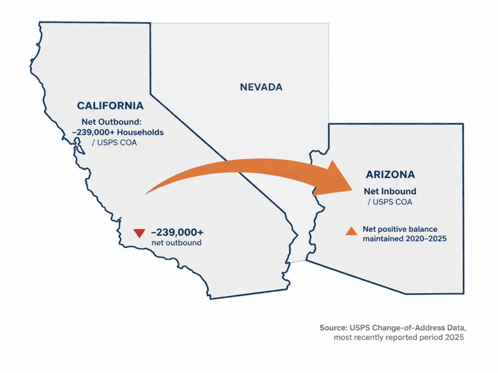 Flat-design close-up map showing USPS change-of-address net outbound flow from California and net inbound position for Arizona.
